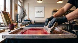 Serigrafi baskı nedir — elek üzerinden rakle ile mürekkebin ürüne geçirildiği serigrafi baskı anı