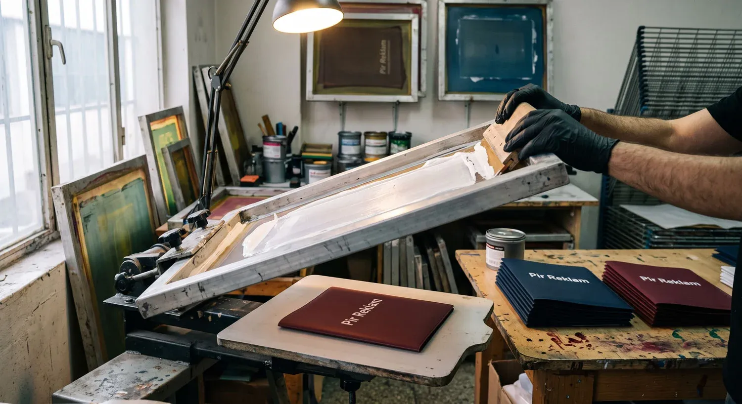 Üretim atölyesinde serigrafi baskı — PVC belge kabılarına tek renk logo baskısı süreci