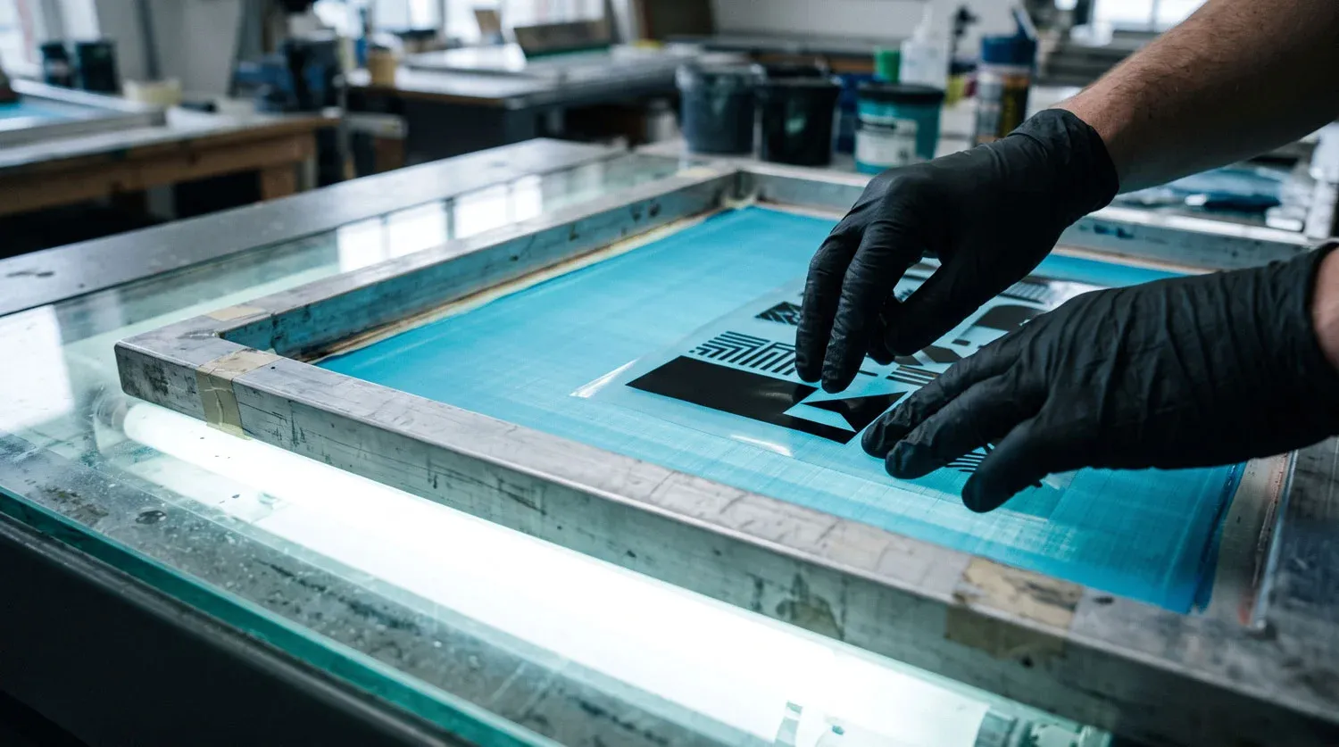 Serigrafi şablonu hazırlama — emülsiyon kaplı elek ve film ile pozlama aşaması yakın çekim