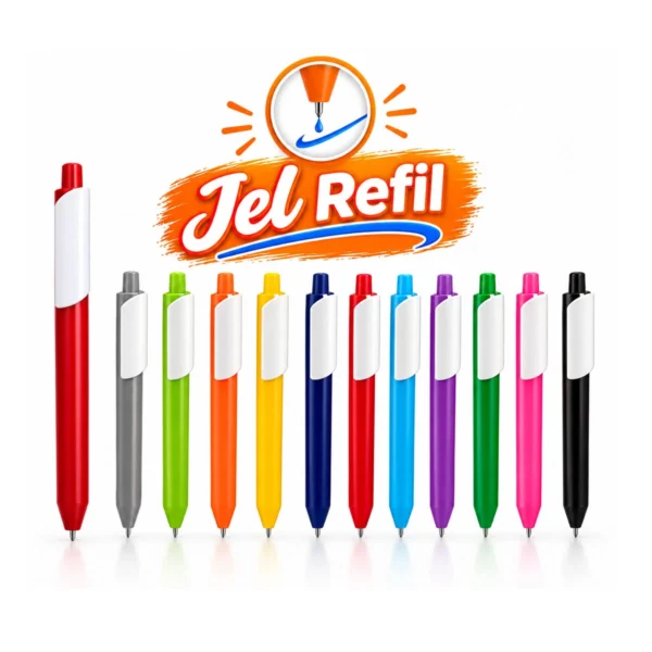 Beyaz klipsli mat basmalı plastik jel refil kalem – 11 gövde renginde bir arada