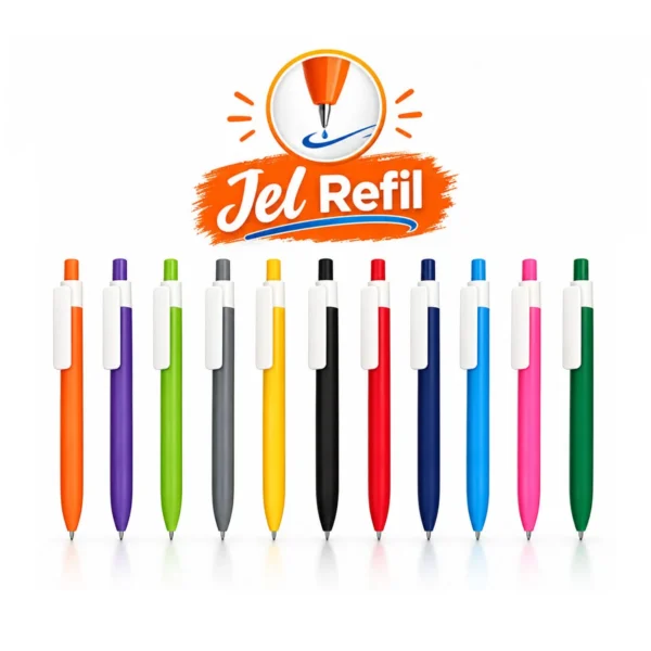 Beyaz üst gövdeli mat basmalı plastik jel refil kalem – 11 gövde renginde bir arada