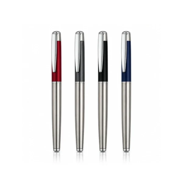 Fırçalanmış gövdeli kapaklı premium metal roller kalem – 4 kapak renginde bir arada