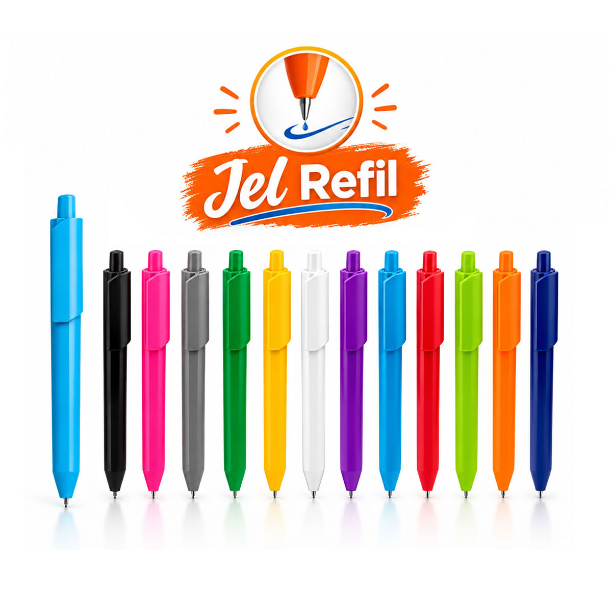 Geniş klipsli mat basmalı plastik jel refil kalem – 12 gövde renginde bir arada