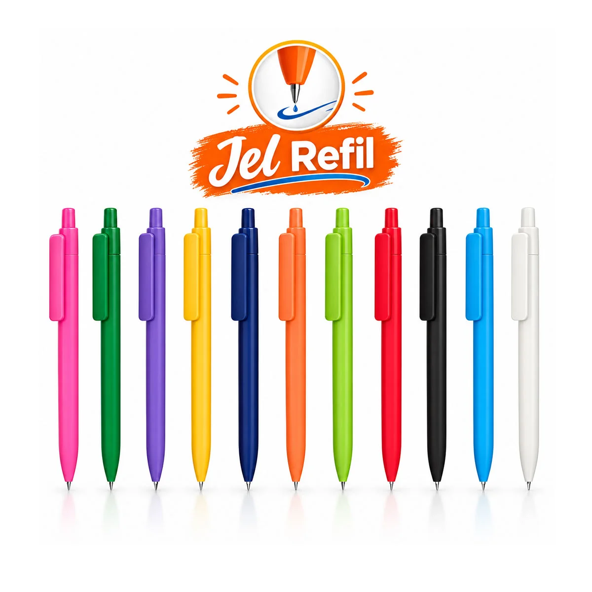 İnce klipsli mat basmalı plastik jel refil kalem – 11 gövde renginde bir arada