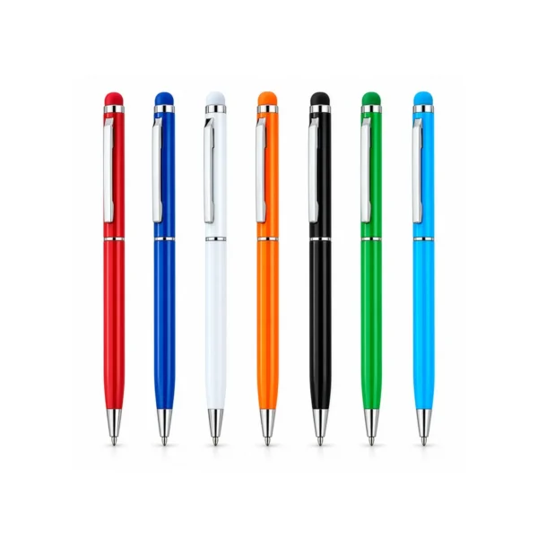 İnce parlak gövdeli touchpen uçlu çevirmeli metal kalem – 7 gövde renginde bir arada