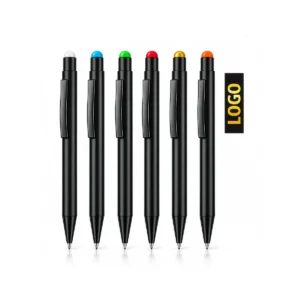 Renkli touchpen uçlu siyah gövdeli çevirmeli metal kalem – 6 touchpen ucu renginde bir arada