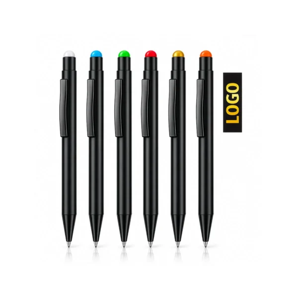 Renkli touchpen uçlu siyah gövdeli çevirmeli metal kalem – 6 touchpen ucu renginde bir arada