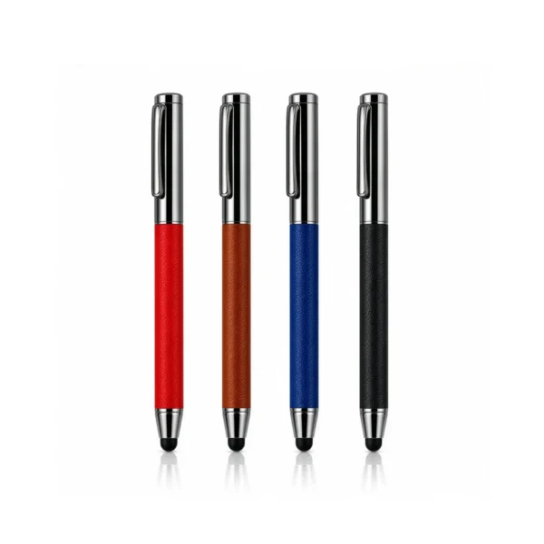 Suni deri gövdeli kapaklı touchpen premium metal roller kalem – 4 gövde renginde bir arada