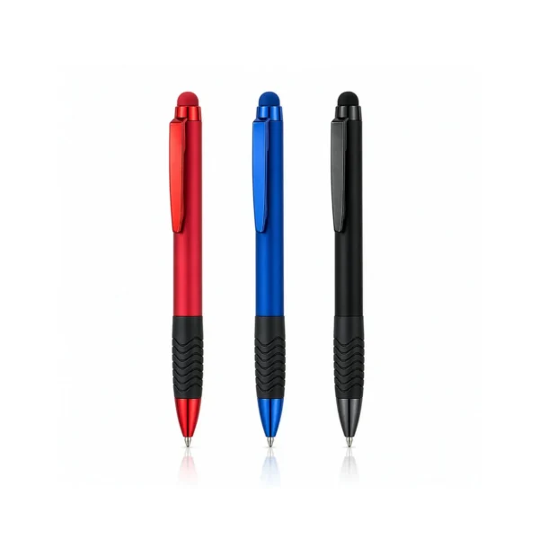 Yumuşak tutuşlu touchpen uçlu çevirmeli metal kalem – 3 gövde renginde bir arada