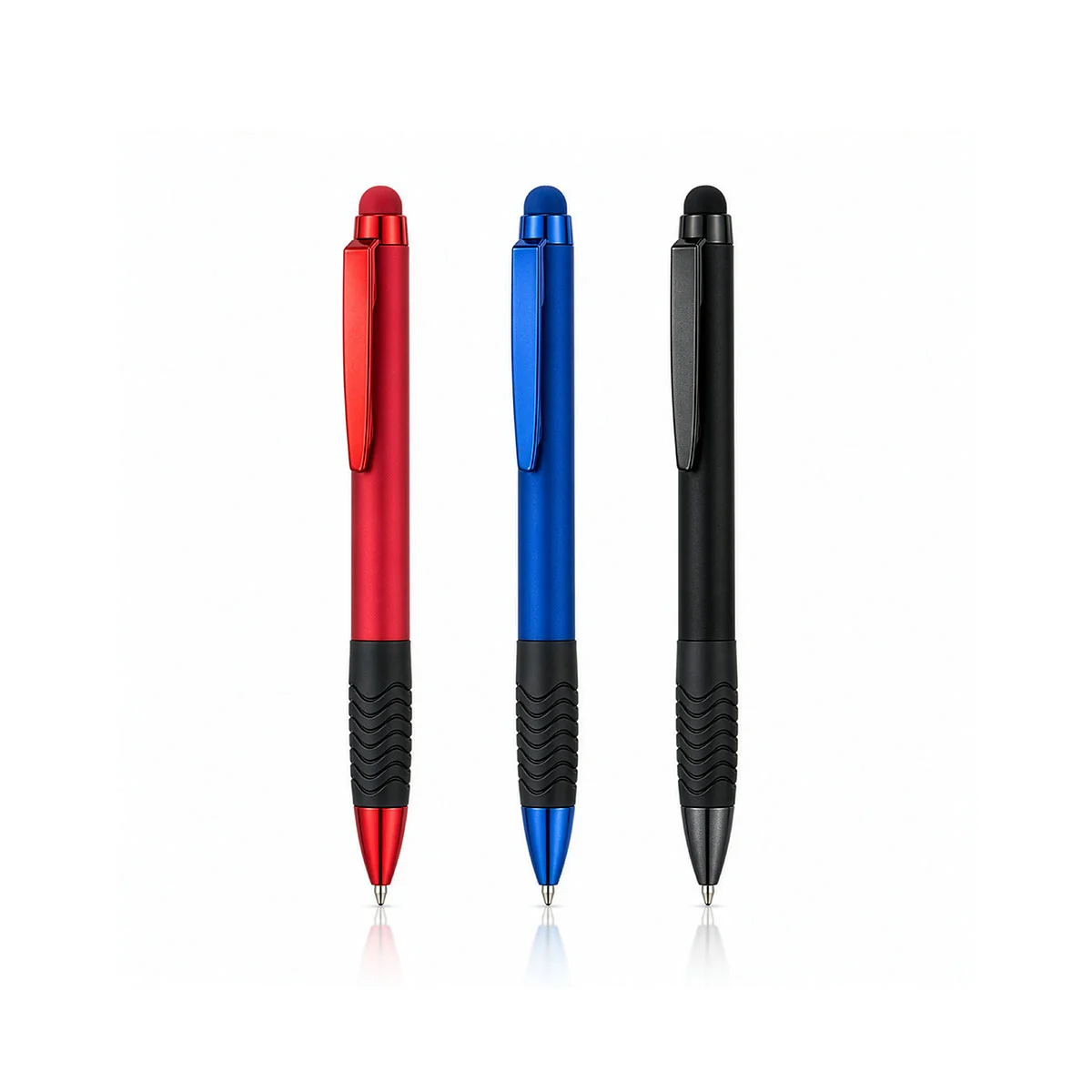 Yumuşak tutuşlu touchpen uçlu çevirmeli metal kalem – 3 gövde renginde bir arada